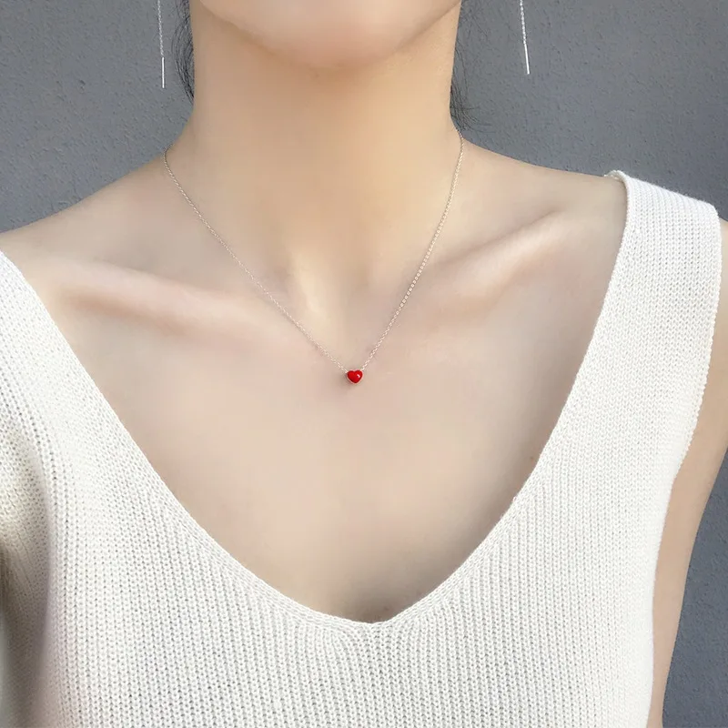 

Sweet Little Red Heart 925 Sterling Silver Necklaces For Women Love Thin Chain Pendant Clavicle Necklace Female Ladies Jewelry