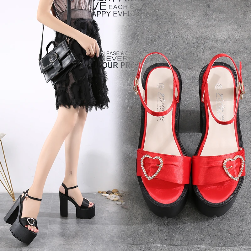 

14CM thick with sandals female summer new Korean version of the high-heeled sandals a word buckle sexy silk women's shoes