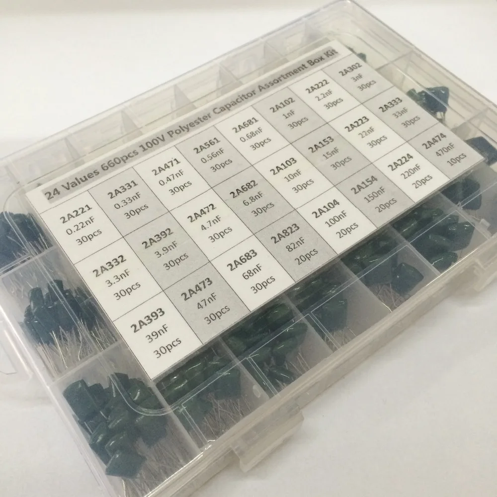 24Value 660pcs capacitor kit 100V 2A221J to 2A474J Polyester Film