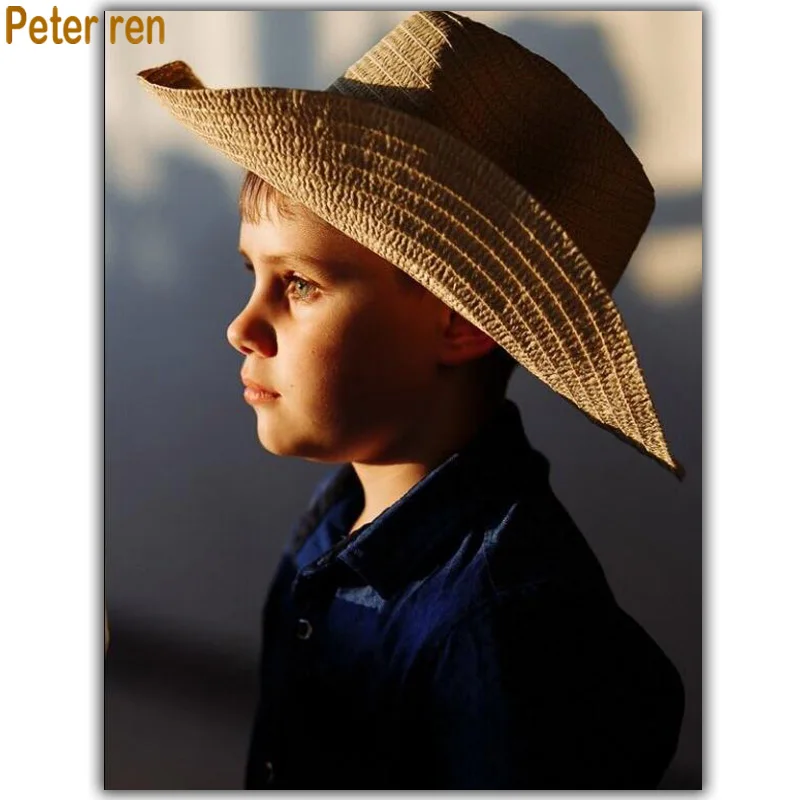 Diy Diamond painting cross stitch portrait Square\Round mosaic Rhinestone Full embroidery Little boy wearing a straw hat | Дом и сад