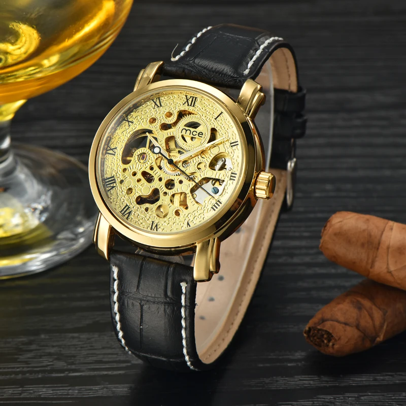 

Automatic Mechanical Watch Brand MCE unisex golden Steel Luxury Real leather strap men's wristwatch vogue Skeleton Hollow 0048