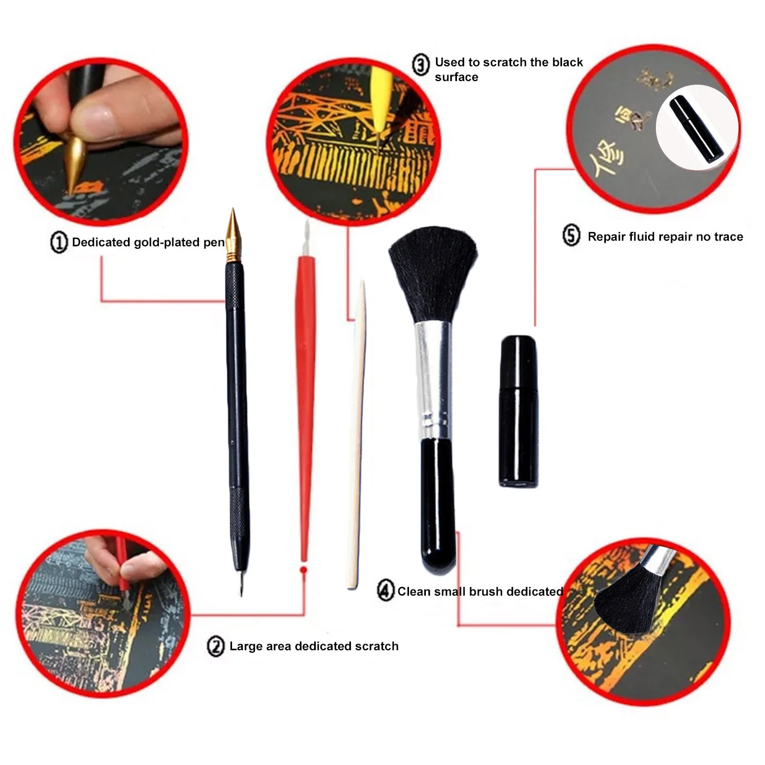 5PCS DIY Magic Scratch Scraping Painting Tools Bamboo Sticks Scraper Repair  Scratch Pen Black Brush Drawing Coloring Toy