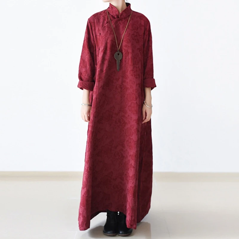

Women Chinese Style Dress Spring New Cotton Linen Soft Solid Loose Floral Button Vintage Dress