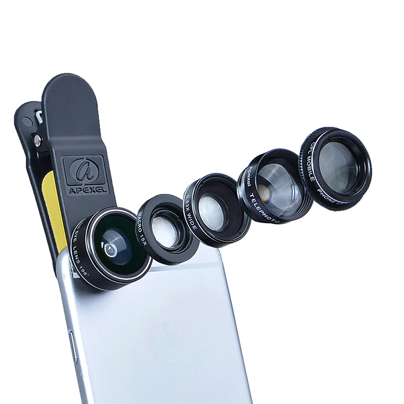 Apexel 5 in 1 Camera Phone Lens Kit 198 Degree Fisheye lens+Wide Angle