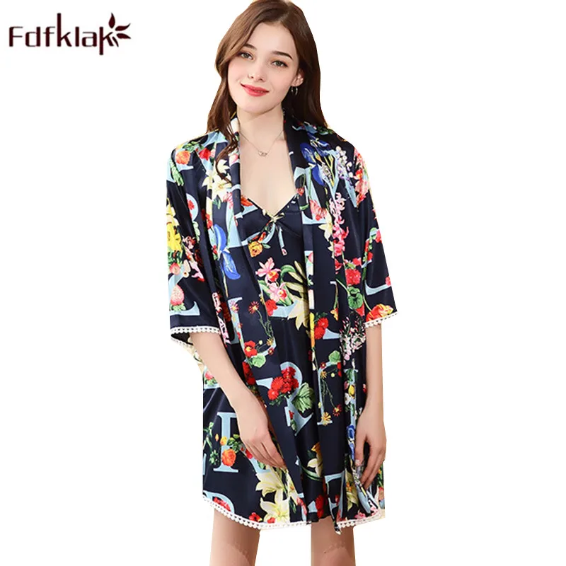 Fdfklak Fashion Satin Robe Set Half sleeve Silk Women's Pijamas Print