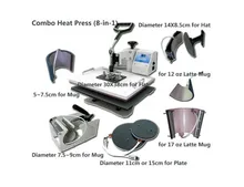 DHL free shipping 8 In 1 Combo Heat Transfer Machine,Sublimation/Heat Press Machine For Plate/Mug/Cap/TShirt /Phone case Etc