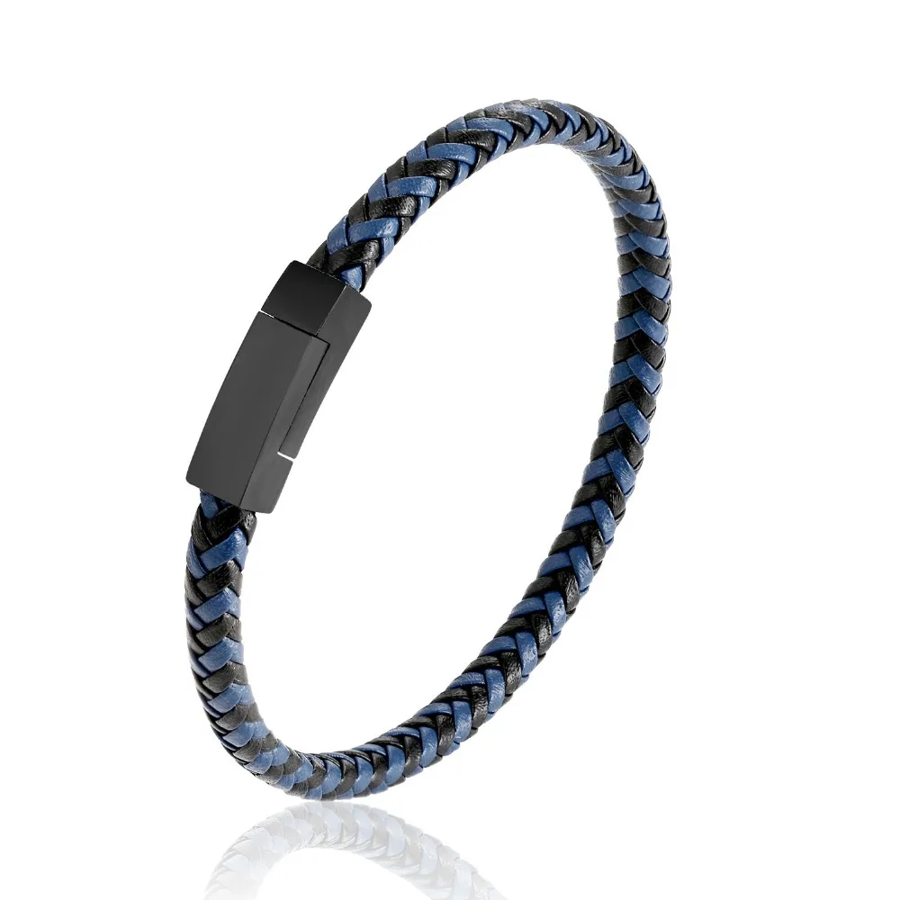 

2018 New Design Punk Black/Blue Handmade Braided Genuine Leather Bracelet & Bangle For Men Stainless Steel Fashion Jewelry Gifts