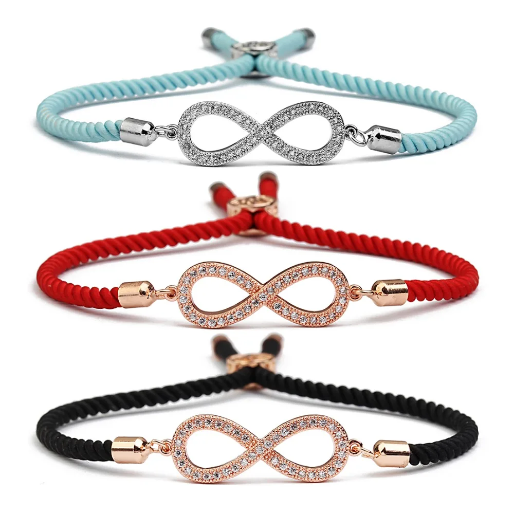 Fashion Gold Cubic Zirconia Crystal Infinity Charms Bracelet Female Adjustable Red Black Rope