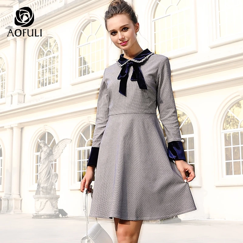 AOFULI M- 4XL 5XL Women Plaid Print Dresses 2017 Autumn Winter Long Sleeve Velvet Patchwork Slim Dress A-line Fashion Brand 6282
