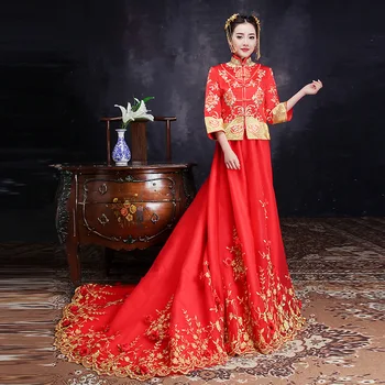 

Exquisite Women Marriage Set Chinese Style Three Quarter Sleeve Qipao Ancien Bride Wedding Party Dress Vestidos Toast Clothing