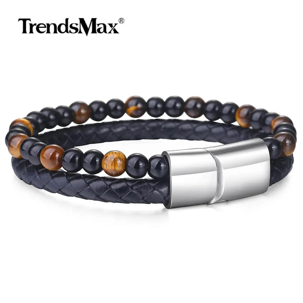 

Unique Tiger Eye Stone Mens Beads Bracelet Double Layers Black Genuine Leather Bracelets For Men Jewelry Magnetic Clasp DLB142
