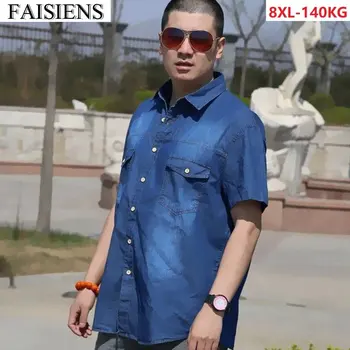 

8XL Plus Size Big Men's Denim Shirts Short Sleeve 100% Cotton Shirt For Men Pocket Summer Father Shirts 567XL 9XL Casual Shirts