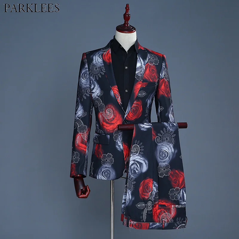 Mens Rose Flower Print 2 Piece Suit (Jacket+Pants) 2018 Fashion Wedding