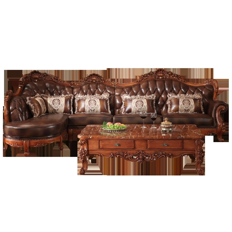 Американский стиль Esolid дерево L форма кожаный диван набор с резьбой для гостиной
