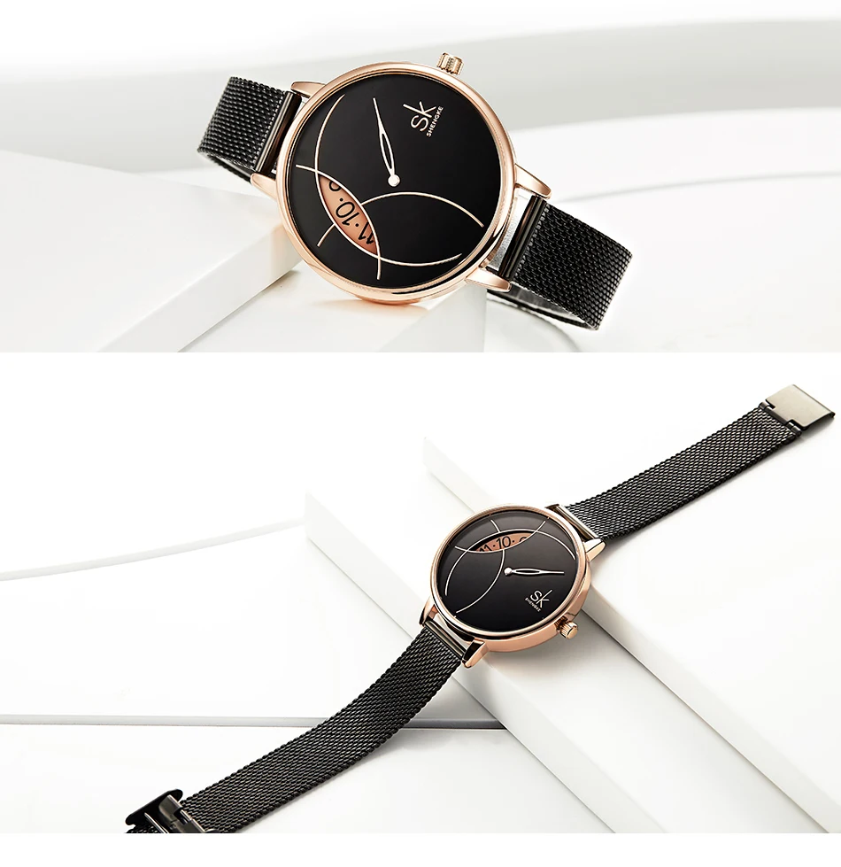 Креативные женские наручные часы Waatch из розового золота и черной стали, роскошные кварцевые наручные часы SHENGKE, брендовые модные повседневные водонепроницаемые наручные часы для девочек Gfit
