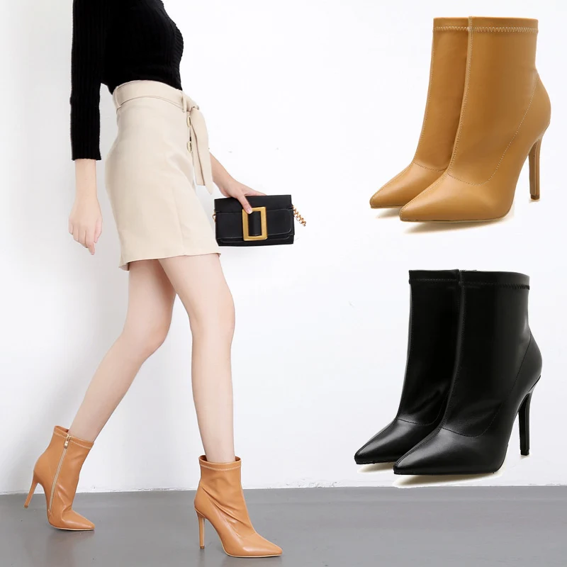 

2019 New Spring Women 8cm High Heels Chelsea Ankle Boots Stiletto Heels Female Sexy Sock Boots Brown Stiletto Escarpins Shoes