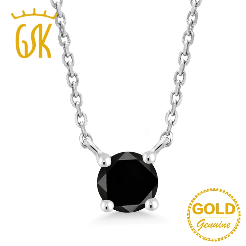 

GemStoneKing 0.27 Ct 4MM Round Natural Black Diamond 10K White Gold Solitaire Pendant Necklace For Women Fine Jewelry