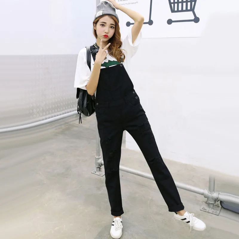 

Fall Loose Jumpsuits for Women 2018 Pole Denim Romper Preppy Style Jean Overalls Black Pink White