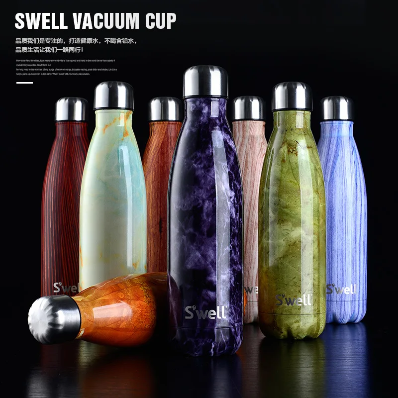 Vacuum insulated stainless steel water bottle double wall Swell bottle Wood grain marble Creative straight bowling