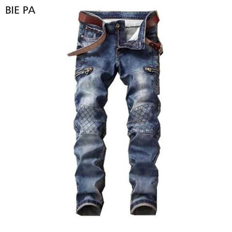2018 New brand men Biker jeans creases classic stretch