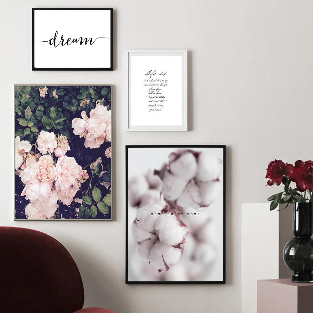 

Pink Cotton Flower Landscape Wall Art Peony Canvas Painting Nordic Quotes Posters And Prints Wall Pictures For Living Room Decor