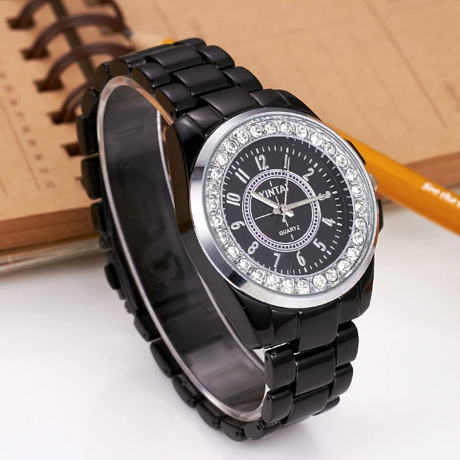 Luxury Watch Korea Style Round Dial Crystal Fashion Quartz Wristwatch Blackwhite Alloy Bracelet Unisex Masculino Relojes huismerk kopen in de aanbieding