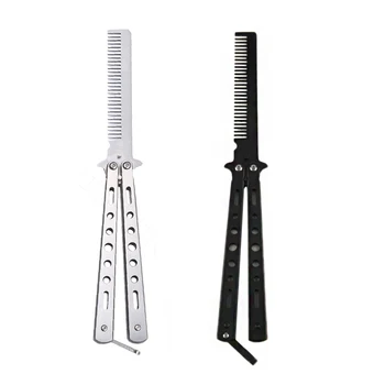 

Pro Salon Stainless Steel Folding Practice Training Butterfly Balisong Style Knife Comb Tool Black Silver Super Cool UN014