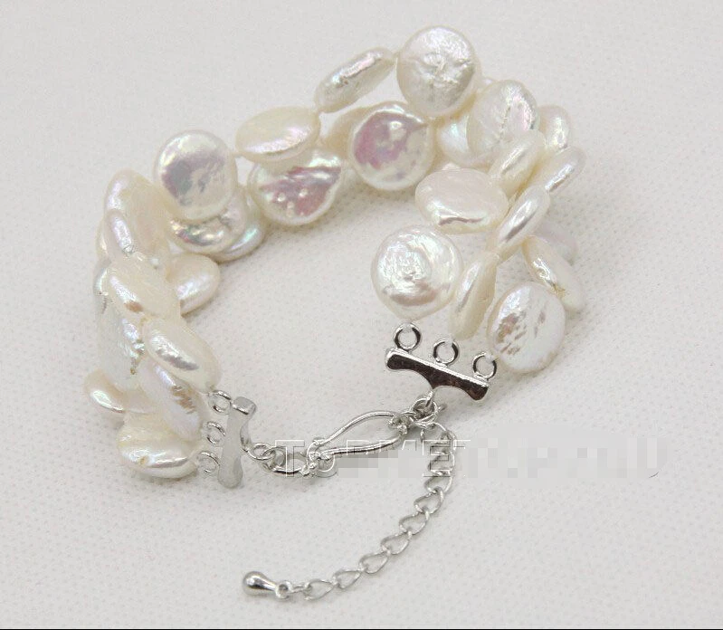 

Free shipping >>>>>>7"-9.5" 3row 12mm coin fastener white pearls bracelet E2697