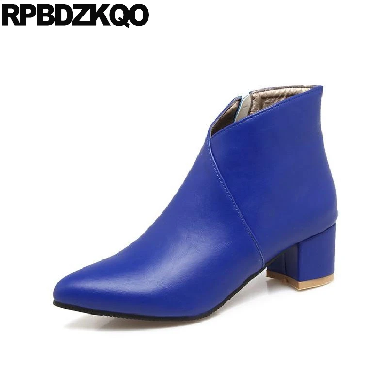 

10 Sexy Fur Chunky Ladies Pointed Toe Blue Fall Women Ankle Boots Medium Heel 12 44 Autumn 13 45 Big Size Booties 41 New Female