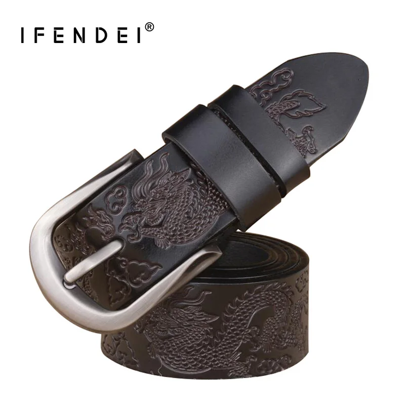 IFENDEI Men Belt Genuine Leather Dragon Belt Buckle For Jeans Pants Smooth