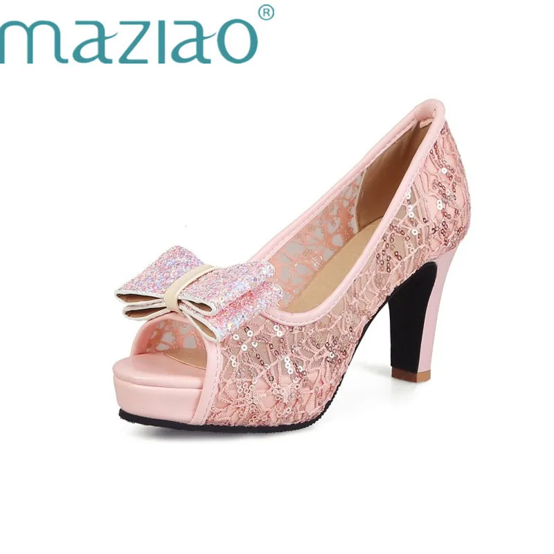 

MAZIAO 2019 Women Butterfly-knot Peep Toe Platform Woman Air Mesh Shoes for Summer Spring Autumn High Heels Party Wedding Pumps