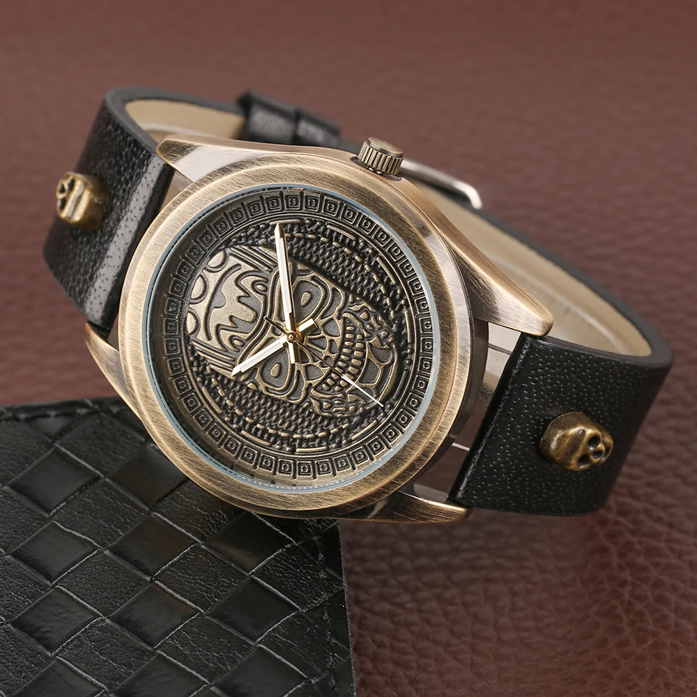 Bronze Retro Steampunk Skeleton Men's Watches Creative Skull Head Dial Vintage Quartz Clock Genuine Leather Band Punk WristWatch (30)