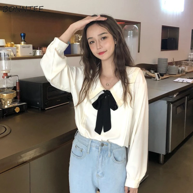 

Shirts Women Sweet Peter Pan Collar Bow Kawaii Korean Style Long Sleeve Soft Female All-match Casual Simple Elegant Womens Shirt