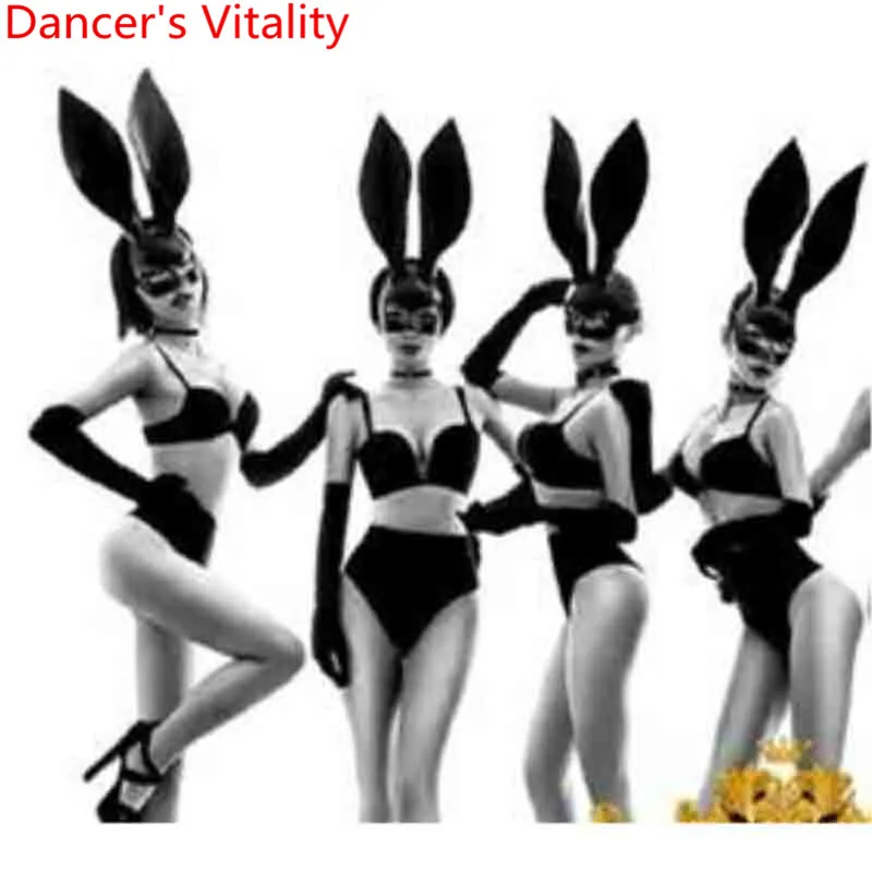 

New Year Black Red Sexy Bunny Ears Bar Performance Costume Nightclub DS Pole Jazz Dance Stage Wear Bunny Girls Bikini Garments