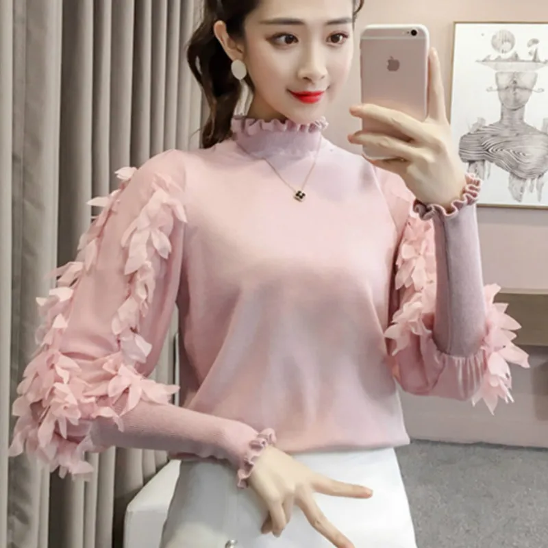 2020 Winter Long Lantern Sleeve Turtleneck Sweaters Women Sweet Pink Lady Fashion Korean Tops | Женская одежда