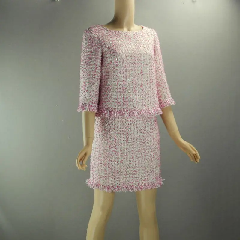 Розовый твидовый пиджак+ юбка, костюм, расшитый блестками, с кисточками,, весна/осень, женский жакет, женский, 7 точек, рукав, 2 предмета, юбка, костюм