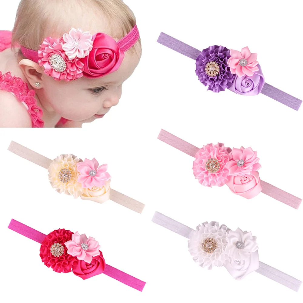 Baby Kids Girls Rhinestone Headband Ribbon Rose Flower Hair Band Headwear Well