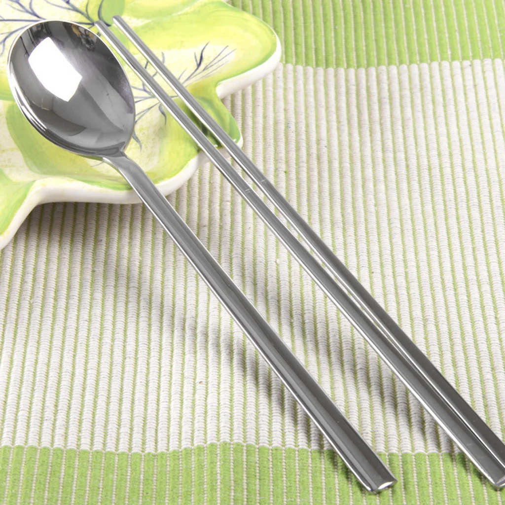 Korean Style Stainless Steel Tableware Set 2 Pairs Chopsticks + 2 Pcs Spoons Tableware Kitchen Dining Tool