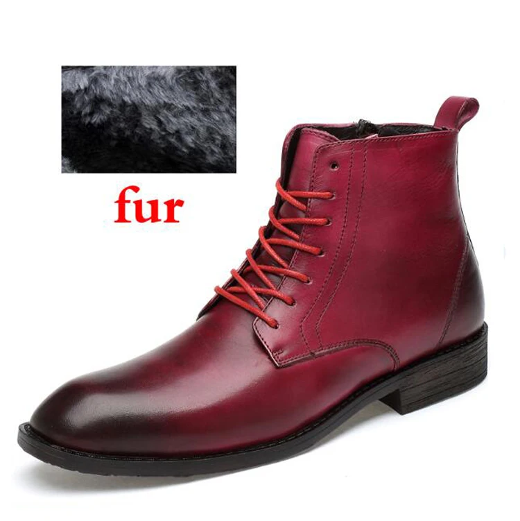 Осенне-зимняя обувь; мужские ботинки наивысшего качества из натуральной кожи; водонепроницаемые зимние деловые ботинки; резиновая обувь на шнуровке; Прямая поставка - Цвет: red fur