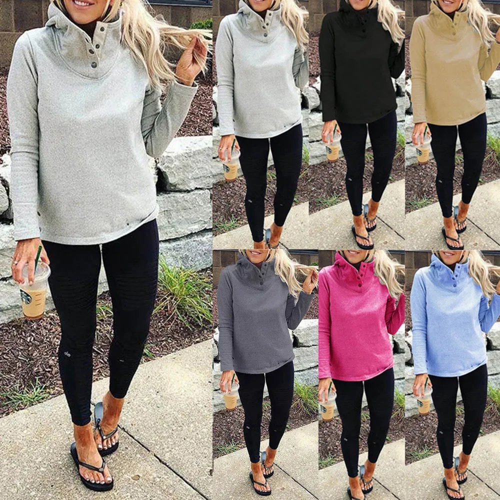 

Autumn And Winter Women Hoodies Casual Solid Stand Collar Full Sleeve Warm Button Hoody Outwears Sweatshirt Blouse Tunic