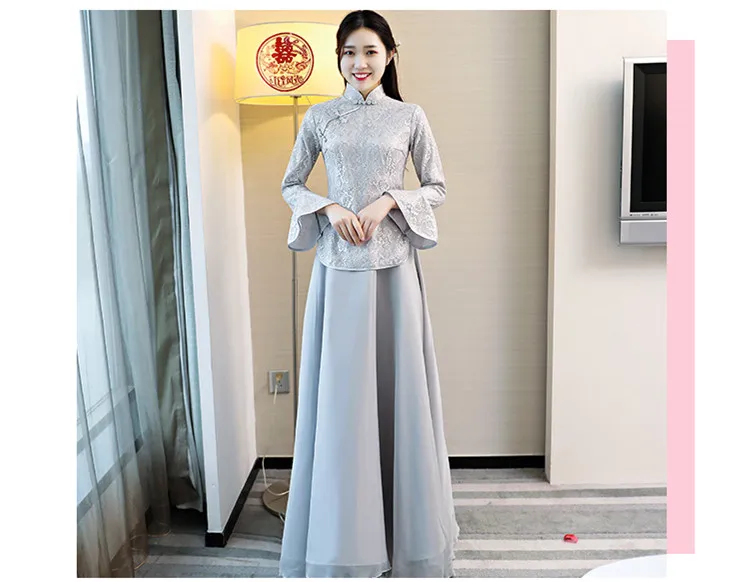 MNZ208 # Китайский национальный костюм улучшение cheongsam серебристо-серый платья невесты Длинные свадебные тост платье оптовая продажа