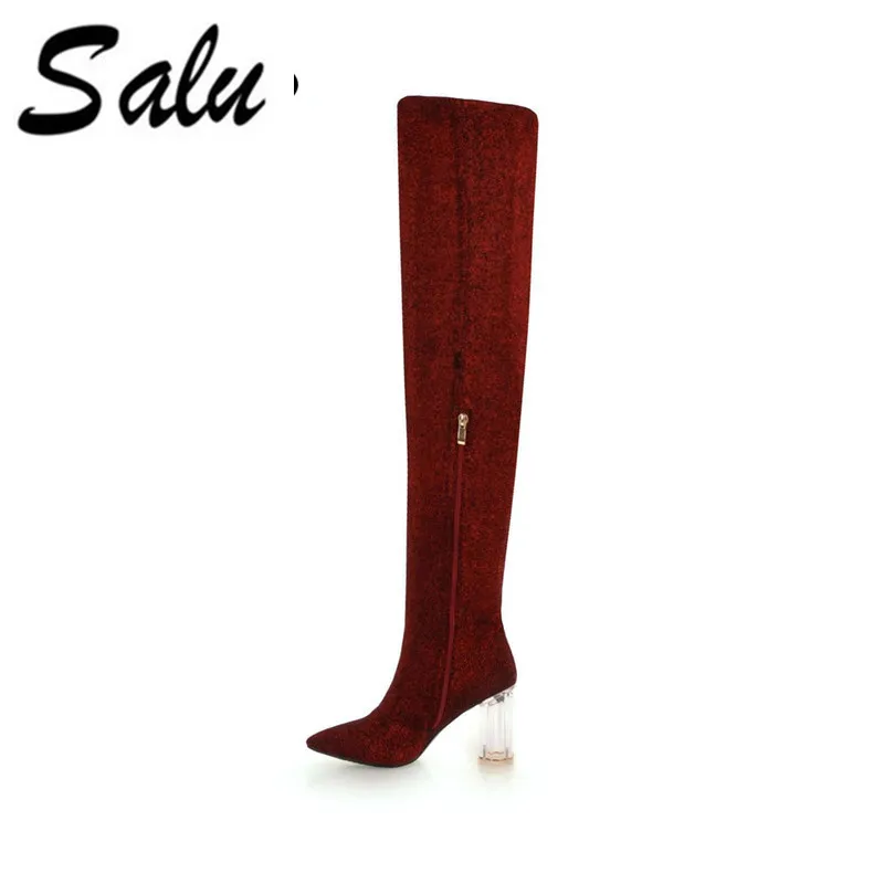 

Salu 2019 new Stylish Girl silver mirror leather pointed toe square high heel over the knee boots shiny sexy tall booties