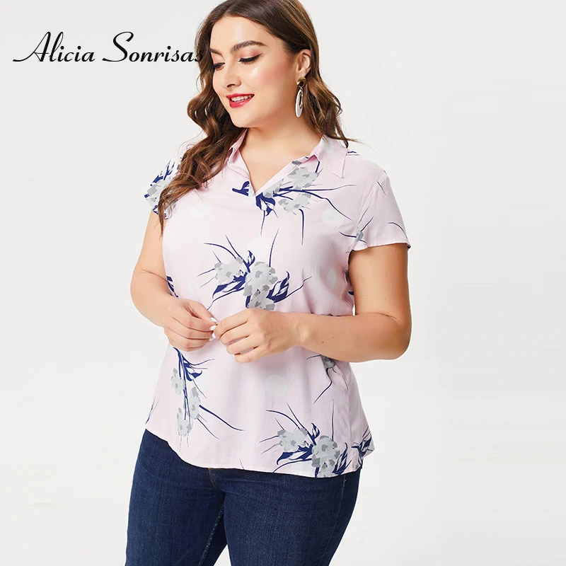 الوردي المطبوعة الصيف بلوزة شيفون و قميص جديد زائد حجم 5XL 6XL OL قميص أبيض بحجم ضخم النساء قصيرة الأكمام قمصان قمم ZPZ9167