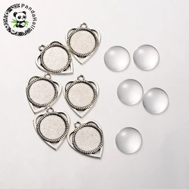 18x4mm Transparent Clear Glass Cabochons and Antique Silver Alloy Heart