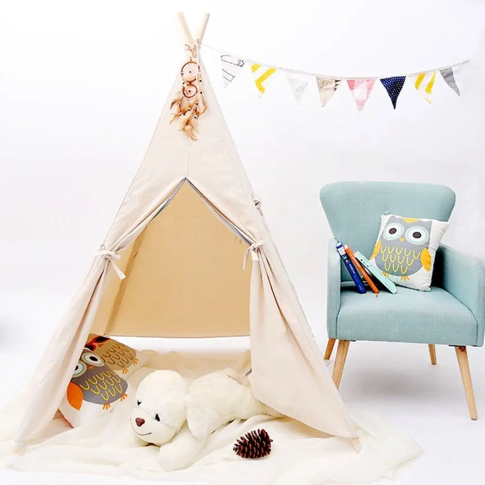 

Four-Pole Natural Unbleached Calico Canvas Kids Indian Play Teepee Tent With Carry Bag Native Tipi Play Tent