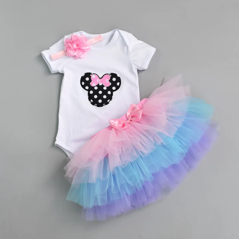 

1st Birthday Baby Girl clothes Set Bodysuit jumsuit set Cotton Romper+6 layer tutu skirt Headbands Infant Clothing suit