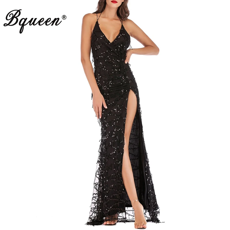 

Bqueen 2019 New Vestidos Women Sexy Spaghetti Straps V Neck Lace High Waist Split Sequined beading Feminine Party Fashion Dress