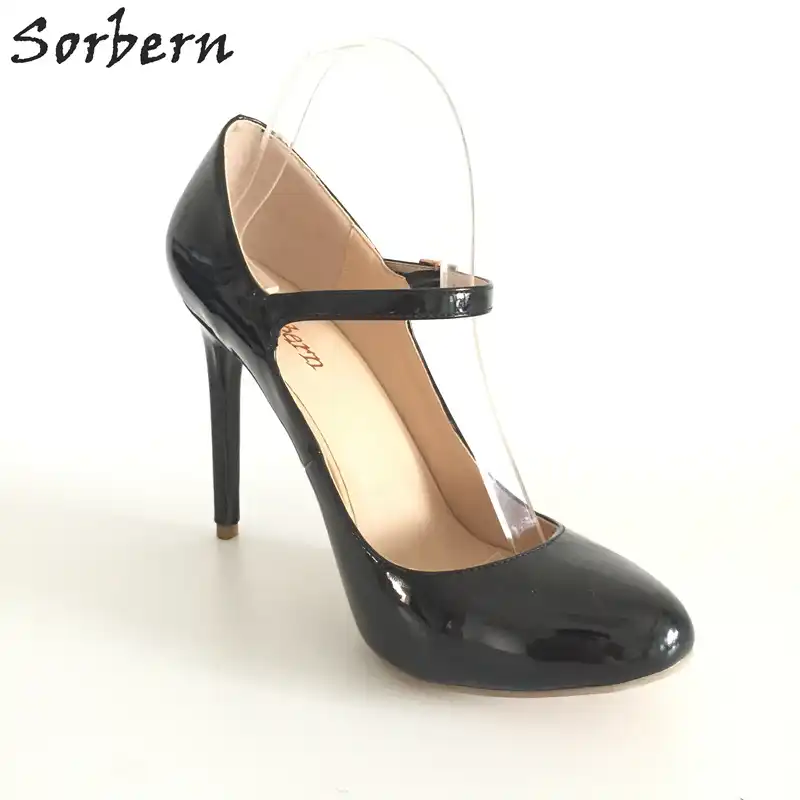 Sorbern New Black Patent Leather Round Toe Mary Janes Thin White and Blush Mary Jane Pumps Patent Leather Stilettos