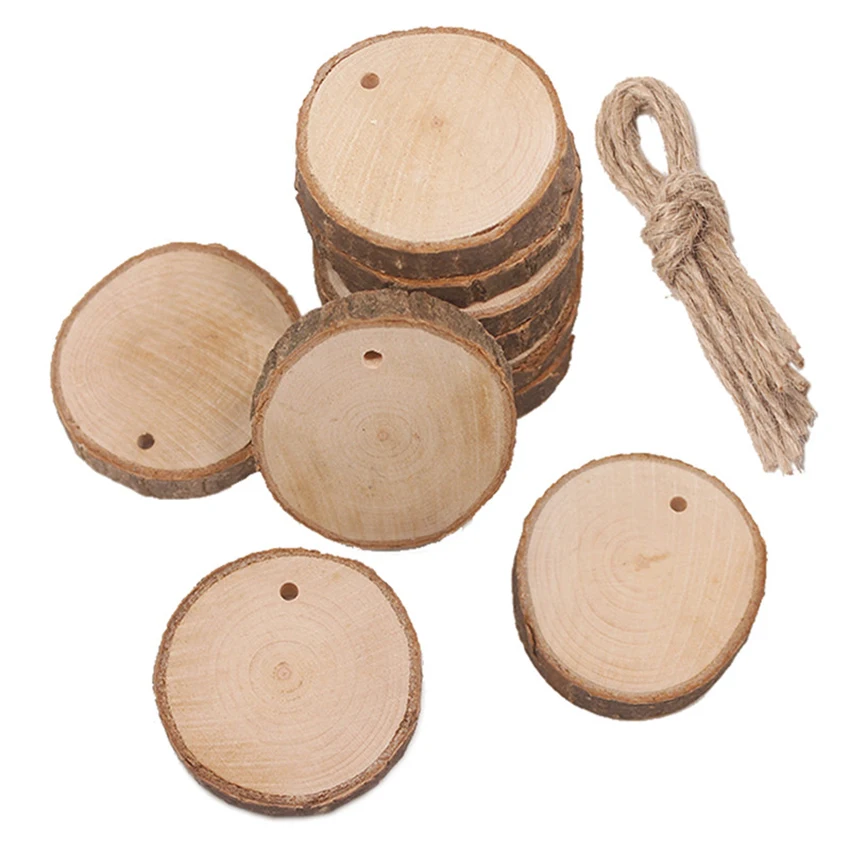 30 шт./лот прекрасный DIY Craft Незаконченный Predrilled деревянные пластинки круглое бревно диски с пеньковой веревкой деревянные части для