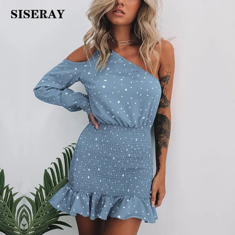 

2019 Summer Spot One Shoulder Dress Women's Sexy Shirred Bodycon Dress Mini Robe Ruffled Boho Dress Female Vestidos